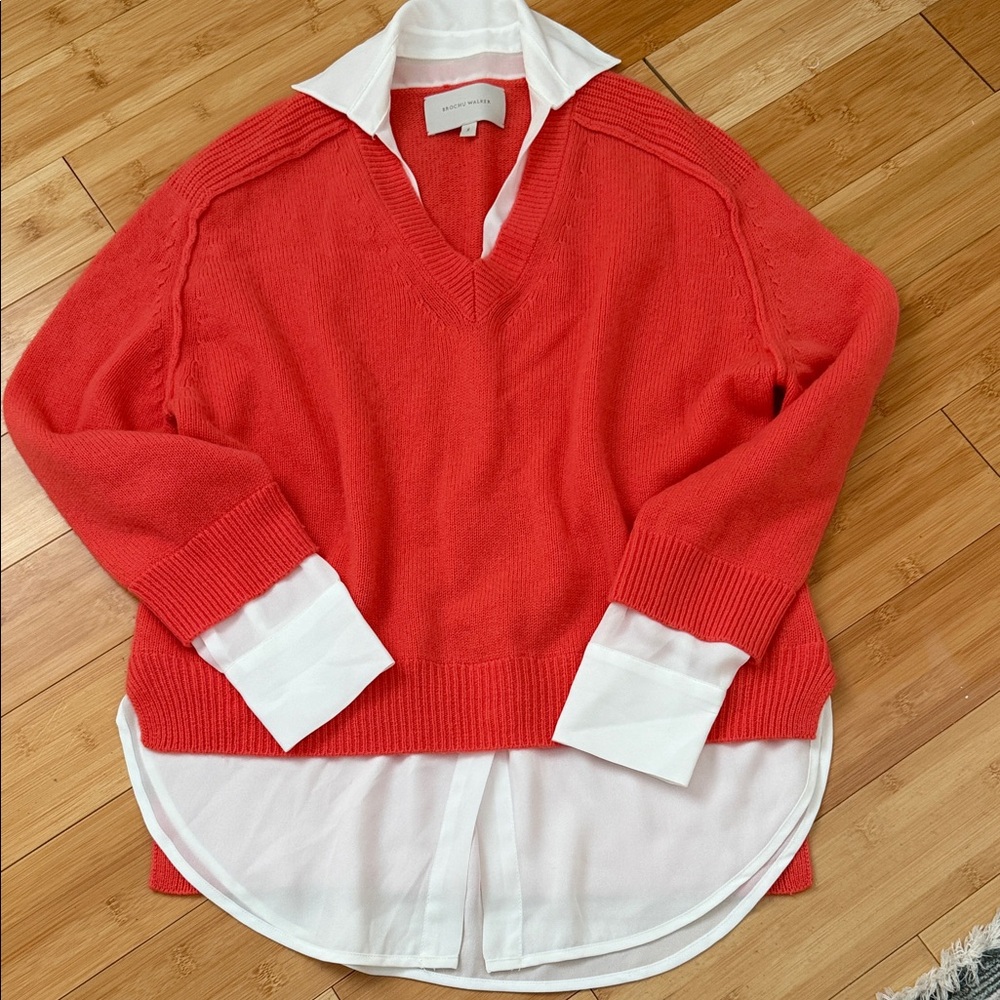 Brochu Walker V-Neck Coral Sweater with White Layer